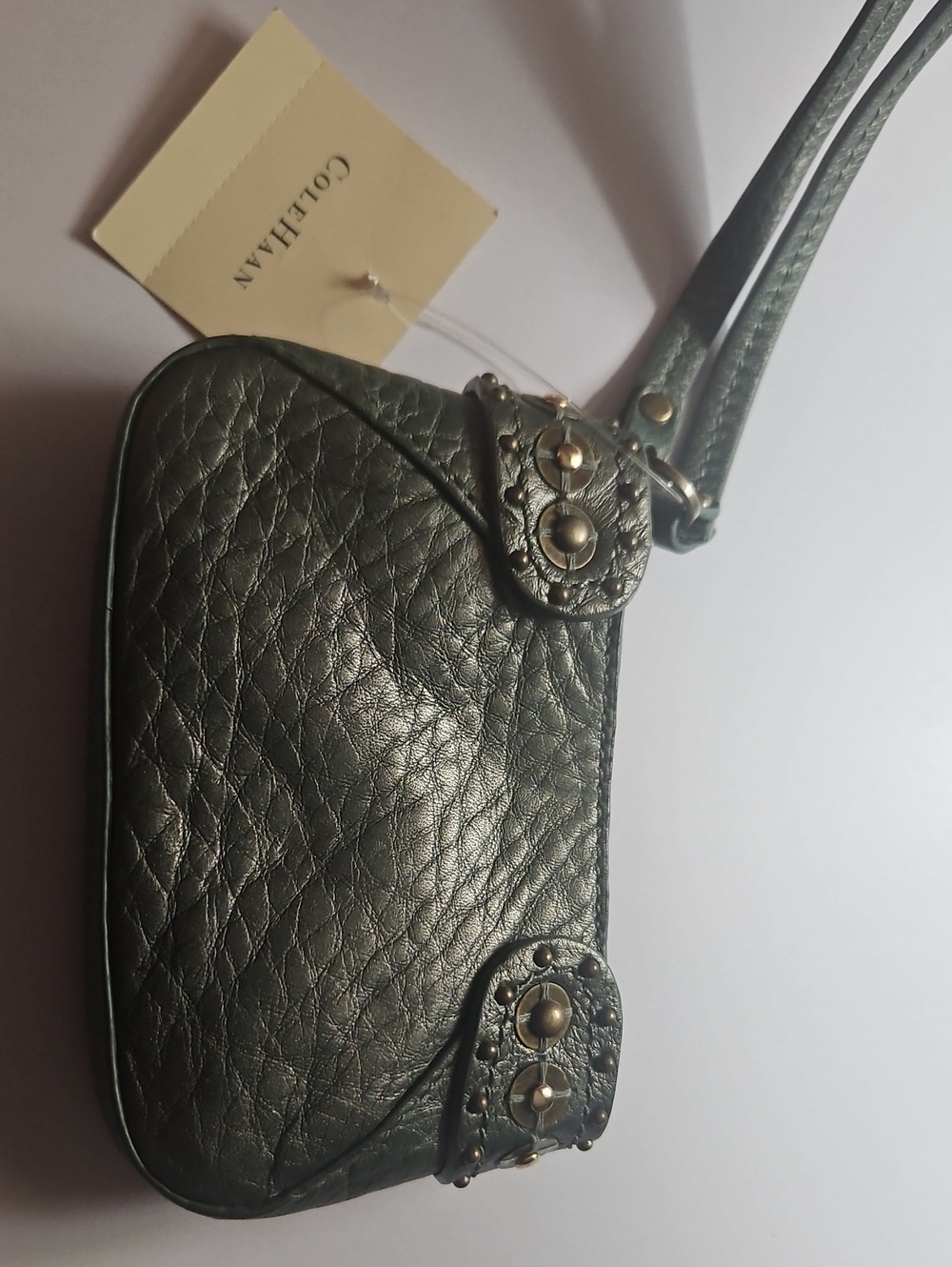 Cole Haan Dark Green Pebbled Leather Wristlet with Stud Accents